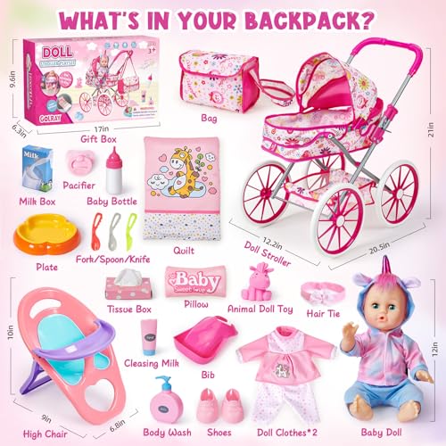 Golray 12 in Baby Doll Toys Set with Stroller for 3 4 5 6 Year Old Girl  26pcs Babydoll with Accessories Quilt PillowHighchair2 Clothes Feeding Nursing Pretend Play Toddler Girl Toy Gift 357 - Image 5