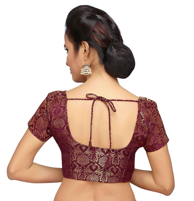 Studio Shringaar Women's Benaras Brocade Short Sleeves Readymade Saree Blouse,(Dark Maroon,42) - Image 2