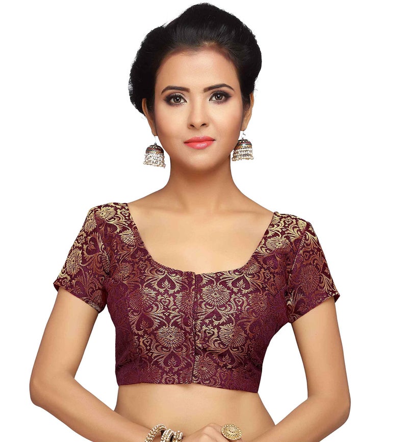 Studio Shringaar Women's Benaras Brocade Short Sleeves Readymade Saree Blouse,(Dark Maroon,42) - Image 1