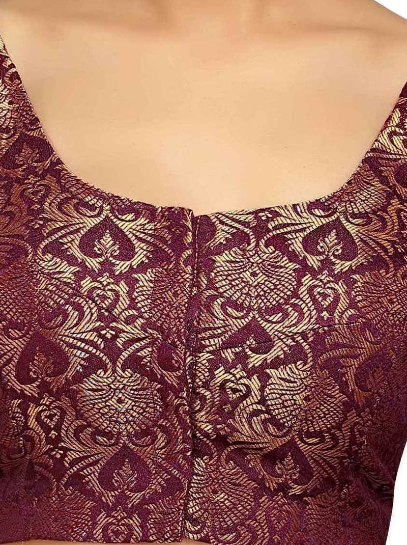 Studio Shringaar Women's Benaras Brocade Short Sleeves Readymade Saree Blouse,(Dark Maroon,42) - Image 3