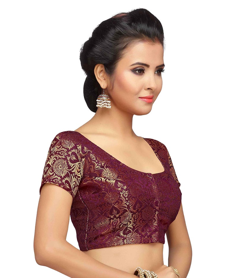 Studio Shringaar Women's Benaras Brocade Short Sleeves Readymade Saree Blouse,(Dark Maroon,42) - Image 4
