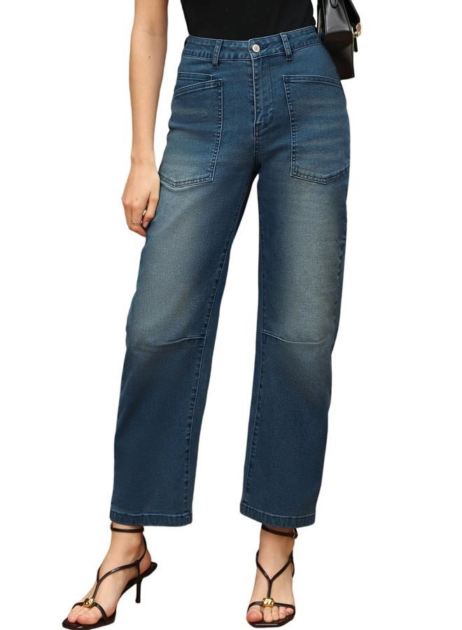 EVALESS Barrel Jeans Women Stretchy High Waisted Loose Baggy Jean Sail Blue Size 14 - Image 2