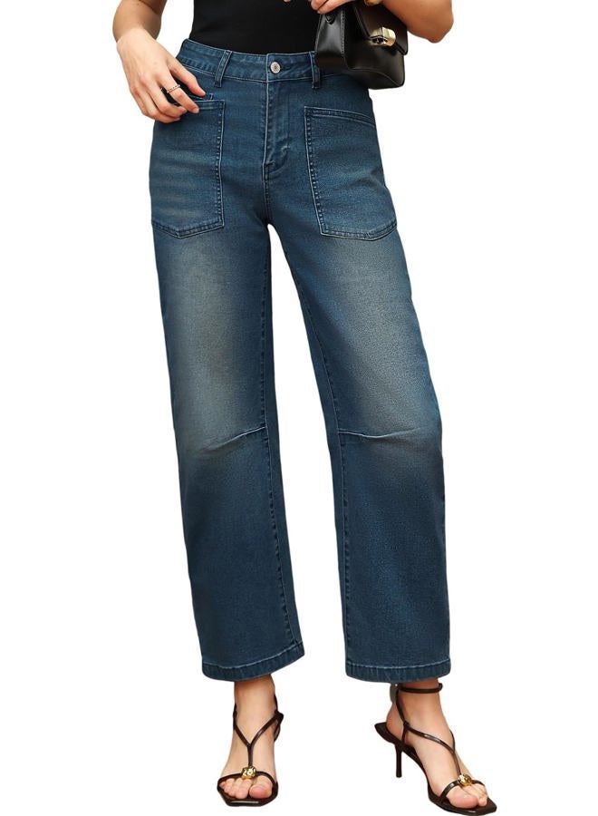 EVALESS Barrel Jeans Women Stretchy High Waisted Loose Baggy Jean Sail Blue Size 14 - Image 4