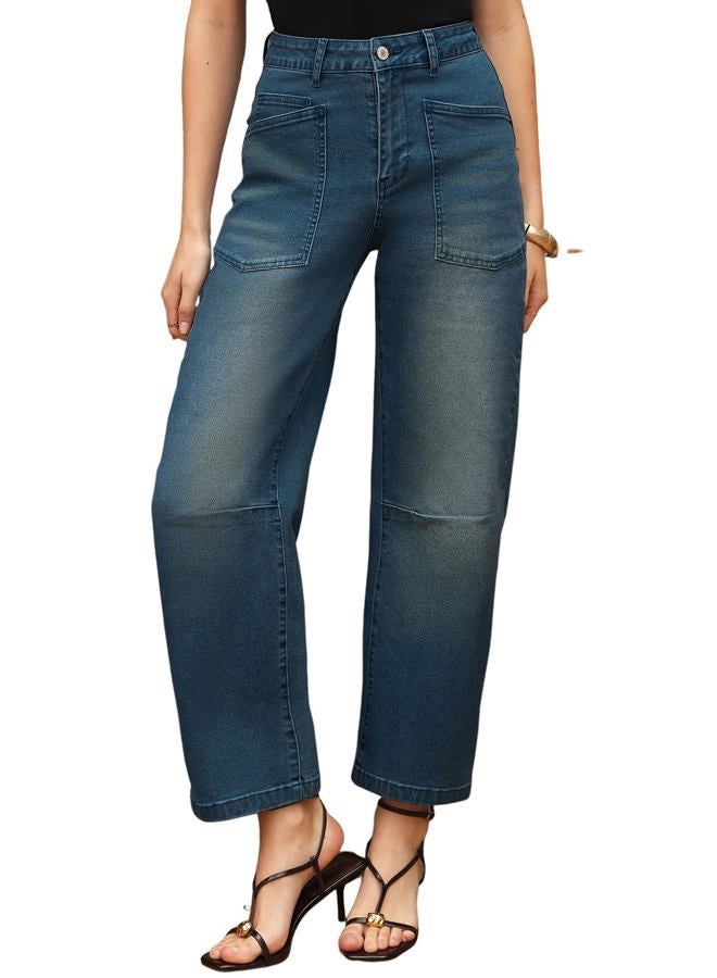 EVALESS Barrel Jeans Women Stretchy High Waisted Loose Baggy Jean Sail Blue Size 14 - Image 3