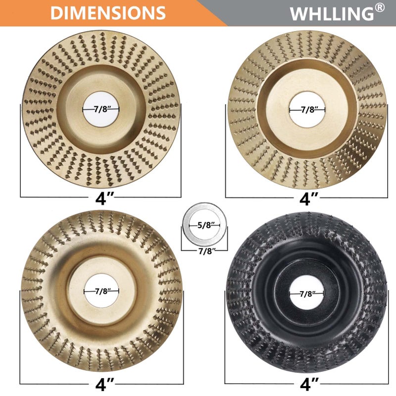 WHLLING 4PCS Wood Carving Disc Set for 4" or 4 1/2" Angle Grinder with 5/8" Arbor, Grinding Wheel Shaping Disc for Wood Cutting, Wood Shaping Carving Disc, Woodworking Angle Grinder Attachment - Image 2