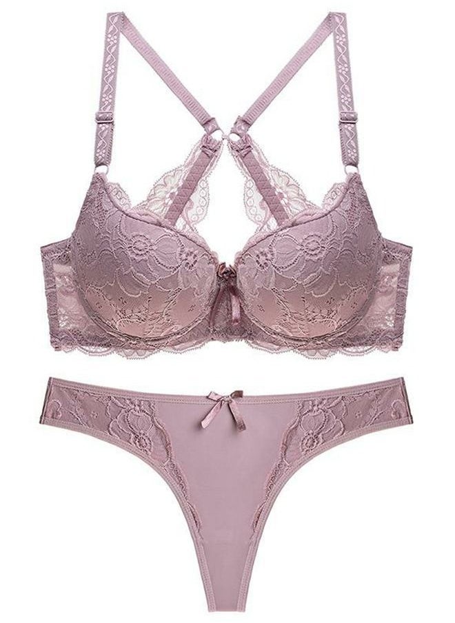 Loquat - Comfy Solid Color Thin Cup Lace Bra Panty Set Women's Underwear Set Brown - Image 1