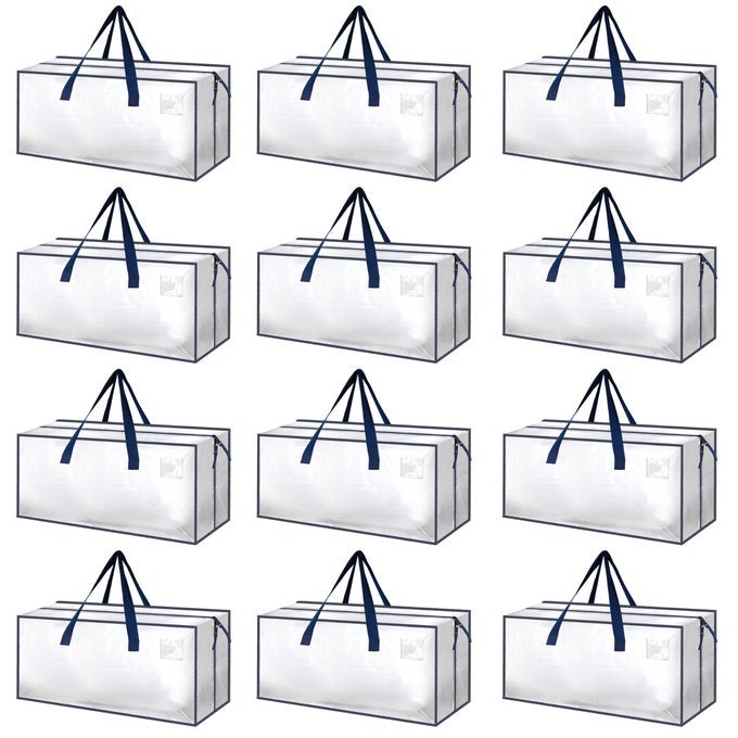 12 PACK EXTRA LARGE MOVING BAGS WITH ZIPPERS CARRYING HANDLES HEAVYDUTY STORAGE TOTE MOVING BOXES FOR DORM ROOM ESSENTIALS STORAGE BAGS CLEAR