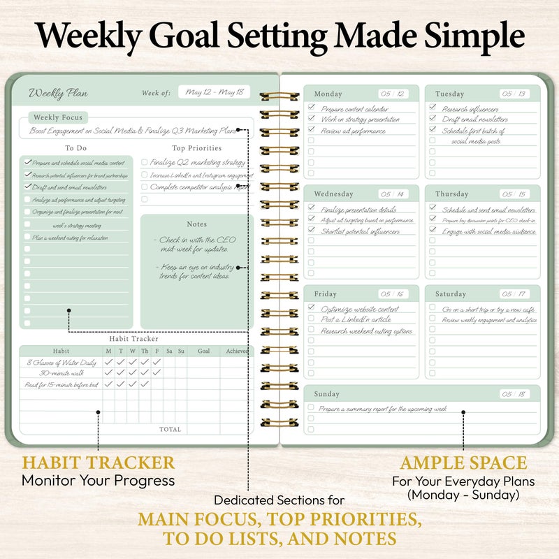 Only Zest Undated Weekly Planner â€“ Minimalist Weekly Planner Notebook for Work, Home & Daily Writing | Simple Matte Notes for Goals, Appointments & Productivity, Elegant Cardstock Pages, Green - Image 2