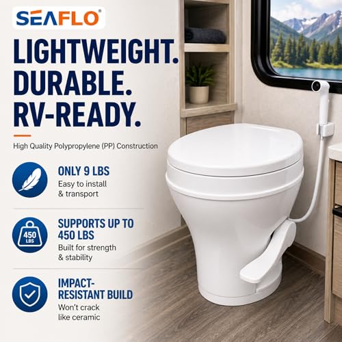 SEAFLO RV Toilet with Sprayer Attachment - White, 18.4” Residential Height, Gravity Flush Foot Pedal Camper Toilet Soft Close Seat Elongated Bowl Motorhome, 4-Year Warranty, SFRTPH-01-02 - Image 3