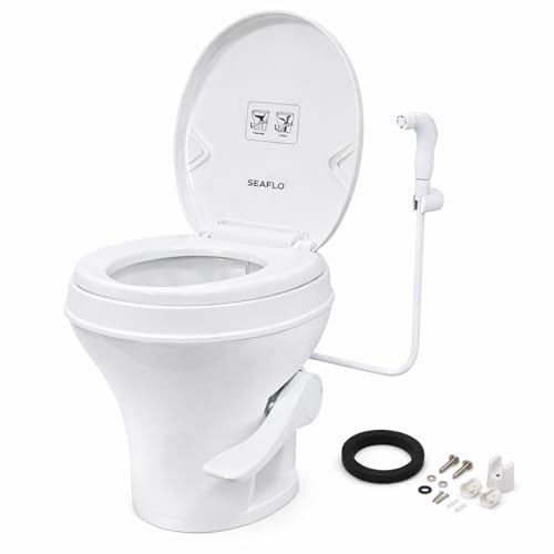 SEAFLO RV Toilet with Sprayer Attachment - White, 18.4” Residential Height, Gravity Flush Foot Pedal Camper Toilet Soft Close Seat Elongated Bowl Motorhome, 4-Year Warranty, SFRTPH-01-02 - Image 1