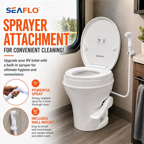 SEAFLO RV Toilet with Sprayer Attachment - White, 18.4” Residential Height, Gravity Flush Foot Pedal Camper Toilet Soft Close Seat Elongated Bowl Motorhome, 4-Year Warranty, SFRTPH-01-02 - Image 2