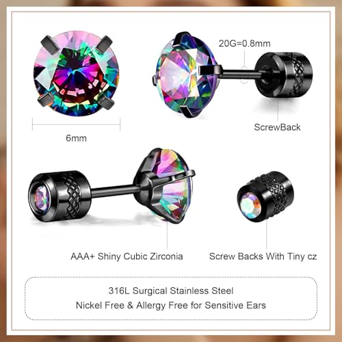 VOLUKA Titanium Earrings for Sensitive Ears, 4 Pairs Screw Back Hypoallergenic Surgical Grade Titanium Cubic Zirconia Stud Earrings for Women Men - Black Colorful - Image 2