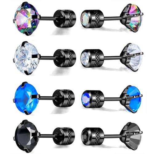 VOLUKA Titanium Earrings for Sensitive Ears, 4 Pairs Screw Back Hypoallergenic Surgical Grade Titanium Cubic Zirconia Stud Earrings for Women Men - Black Colorful - Image 1