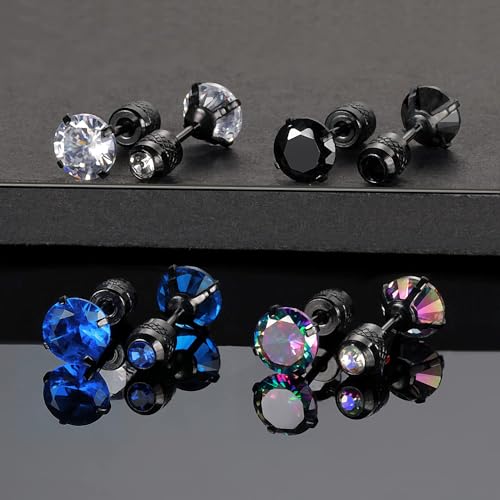 VOLUKA Titanium Earrings for Sensitive Ears, 4 Pairs Screw Back Hypoallergenic Surgical Grade Titanium Cubic Zirconia Stud Earrings for Women Men - Black Colorful - Image 5
