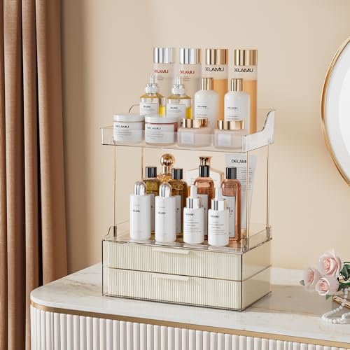 Delamu Bathroom Organizers and Storage, 2 Tier 2 Drawer Makeup Organizer Countertop, Easy to Install, Ideal for Bathroom Counter, Vanity, Large Skincare, Perfume, Present, Desk and More, Cream White - Image 2