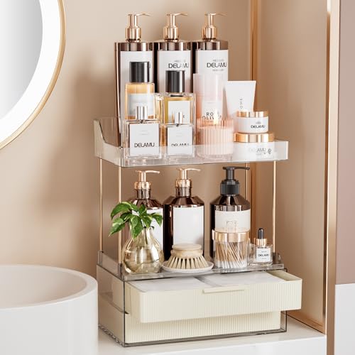 Delamu Bathroom Organizers and Storage, 2 Tier 2 Drawer Makeup Organizer Countertop, Easy to Install, Ideal for Bathroom Counter, Vanity, Large Skincare, Perfume, Present, Desk and More, Cream White - Image 1