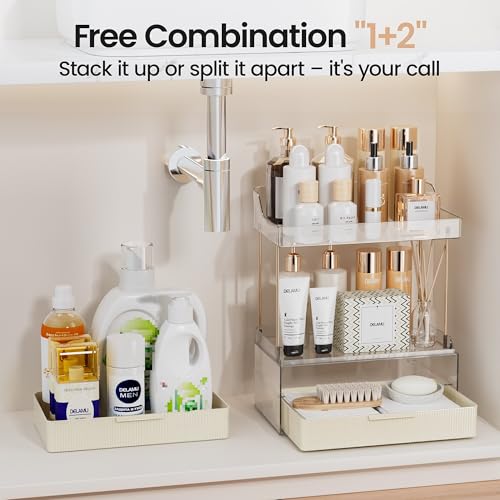 Delamu Bathroom Organizers and Storage, 2 Tier 2 Drawer Makeup Organizer Countertop, Easy to Install, Ideal for Bathroom Counter, Vanity, Large Skincare, Perfume, Present, Desk and More, Cream White - Image 5