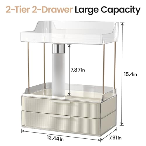 Delamu Bathroom Organizers and Storage, 2 Tier 2 Drawer Makeup Organizer Countertop, Easy to Install, Ideal for Bathroom Counter, Vanity, Large Skincare, Perfume, Present, Desk and More, Cream White - Image 4