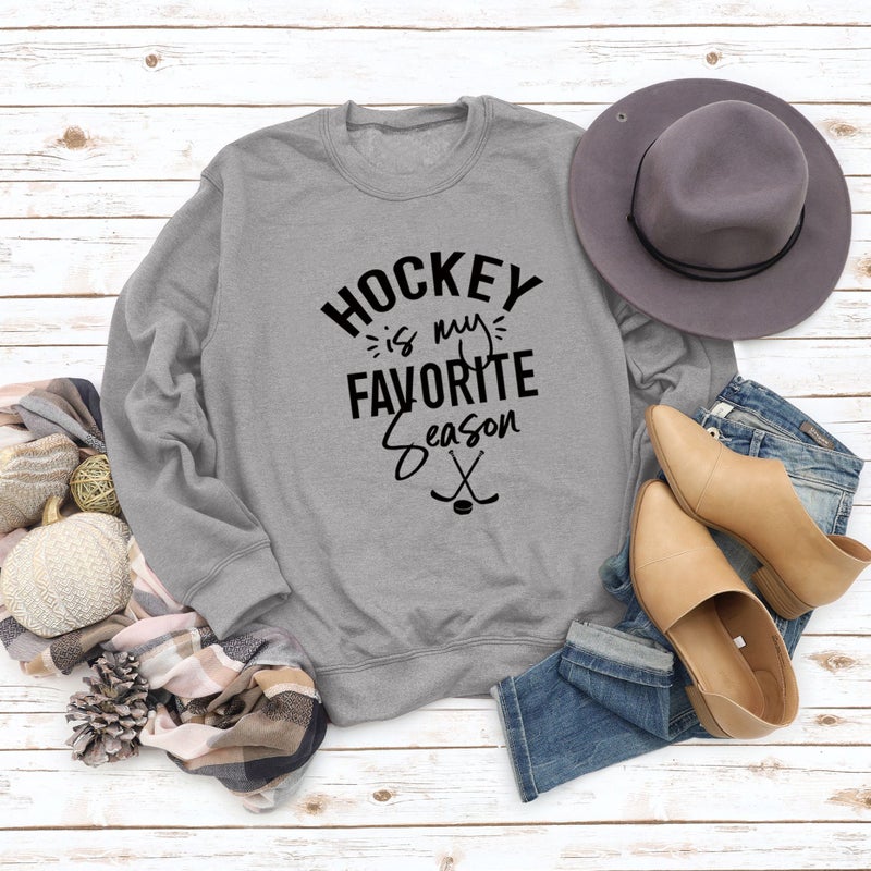 Hockey Season Casual Crewneck Sweatshirt Grey Sweat (Black Font)