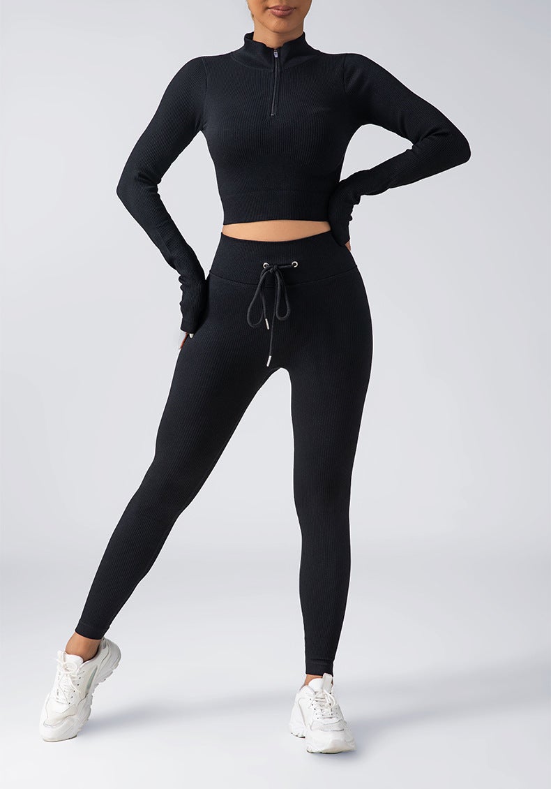 Generic Seamless Yoga Set Zip Jacket Drawstring Pants Black Top Trousers suit 