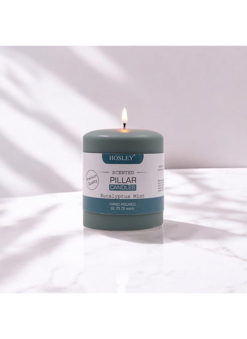 Hosley - HOSLEY 3 Inch Long|Eucalyptus Mint Fragrance Green Pillar Candles|Soy & Paraffin Wax Candles for Home Decor|45 Hours Burn Time| Smokeless & Dripless|2.75 Inch Diameter(Pack of 1) - Image 1