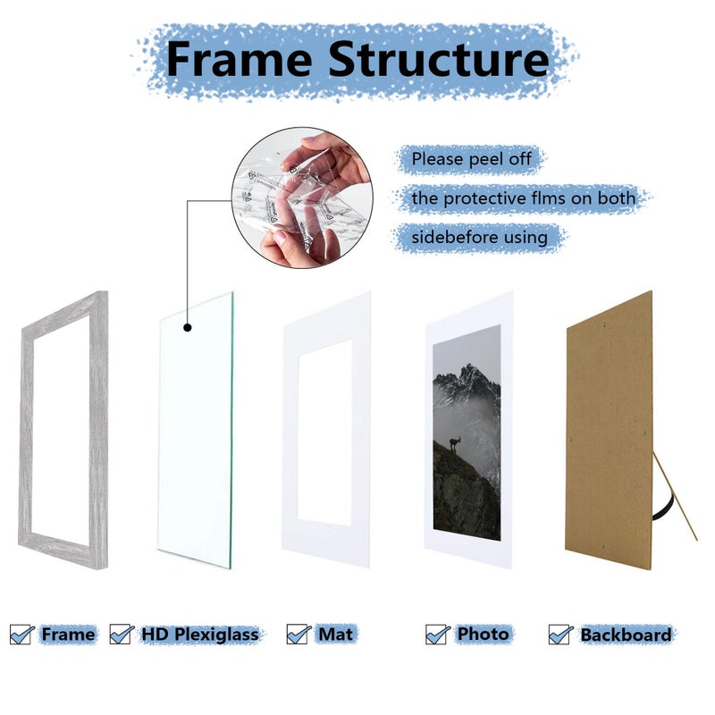 Picrit 5x7 Picture Frame Set of 7  Display 4x6 with Mat or 5x7 Without Mat  Photo Frames for Wall Mounting or Table Top Display  Gray. - Image 4