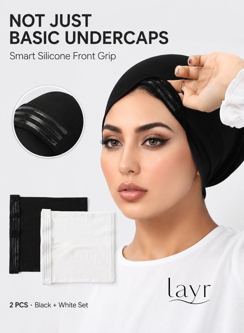 layr 2 Pcs Black and White Smart Grip Hijab Inner Caps for Women, Innovative Non Slip Underscarf Caps with Front Silicone Grip Strips, Soft Stretch Mercerized Cotton for Daily Hijab Styling - Image 1