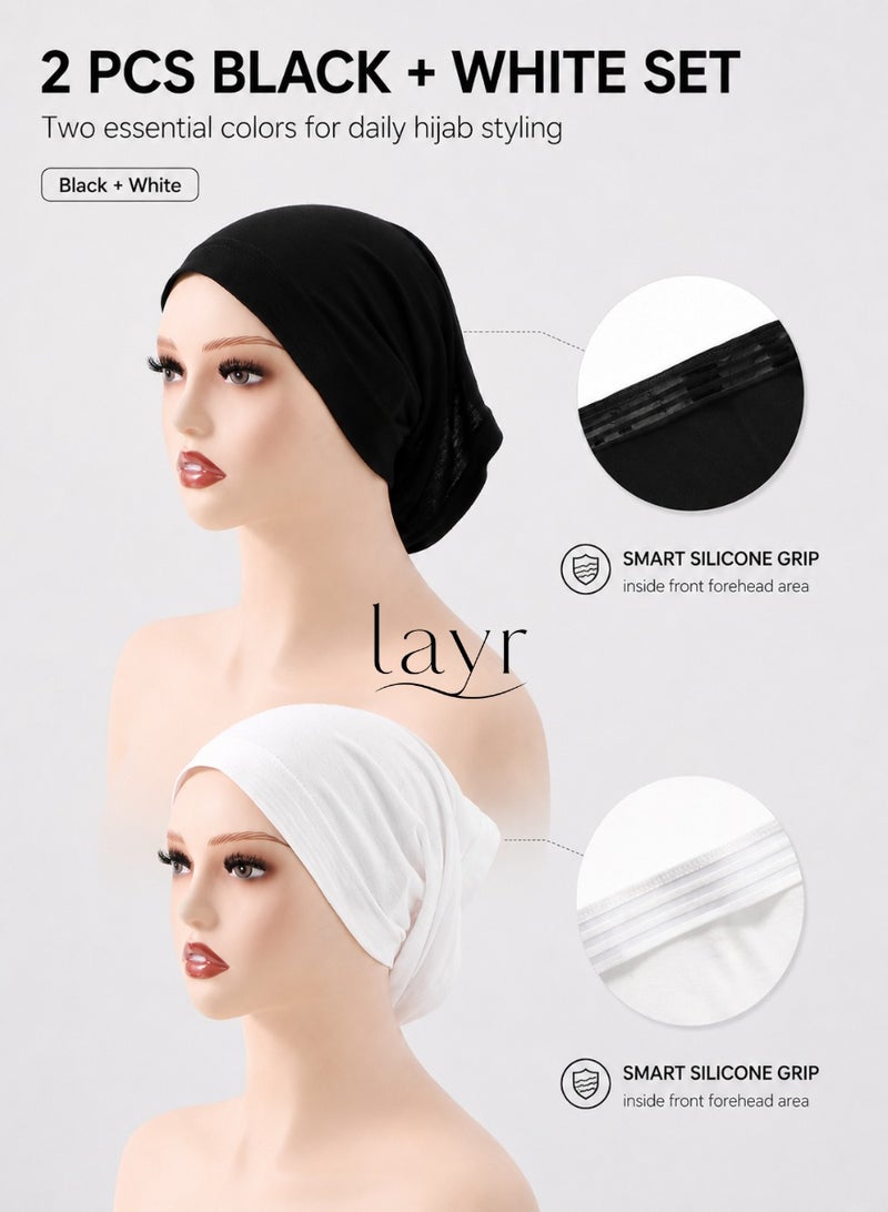 layr 2 Pcs Black and White Smart Grip Hijab Inner Caps for Women, Innovative Non Slip Underscarf Caps with Front Silicone Grip Strips, Soft Stretch Mercerized Cotton for Daily Hijab Styling - Image 2
