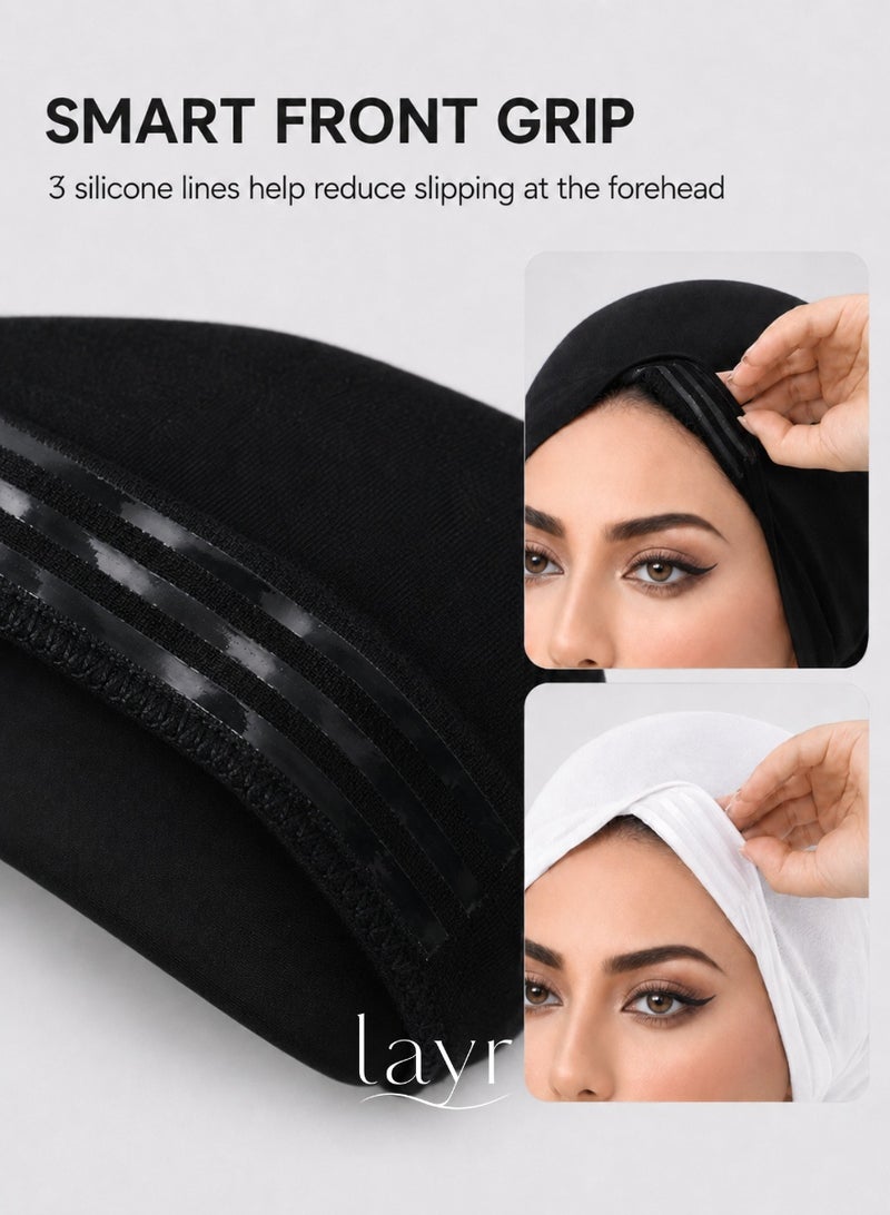 layr 2 Pcs Black and White Smart Grip Hijab Inner Caps for Women, Innovative Non Slip Underscarf Caps with Front Silicone Grip Strips, Soft Stretch Mercerized Cotton for Daily Hijab Styling - Image 3