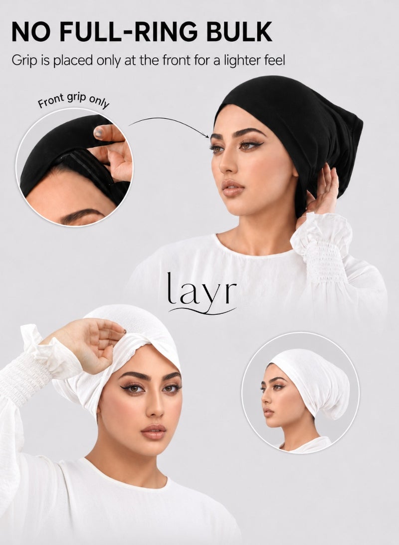 layr 2 Pcs Black and White Smart Grip Hijab Inner Caps for Women, Innovative Non Slip Underscarf Caps with Front Silicone Grip Strips, Soft Stretch Mercerized Cotton for Daily Hijab Styling - Image 4