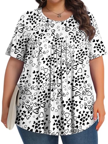 Tencede Womens Plus Size Tops Tunic Short Sleeve Crew Neck Shirts Casual Soft Blouse Lovely Love 1X - Image 3