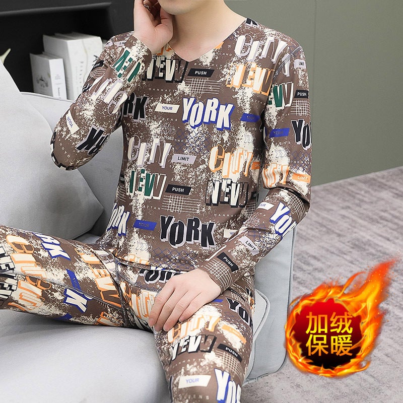 Men'S Velvet Thermal Underwear Thickened Suit Winter Cold Autumn Clothes Autumn Trousers Youth V-Neck Base Shirt For Outer Wear - Image 1