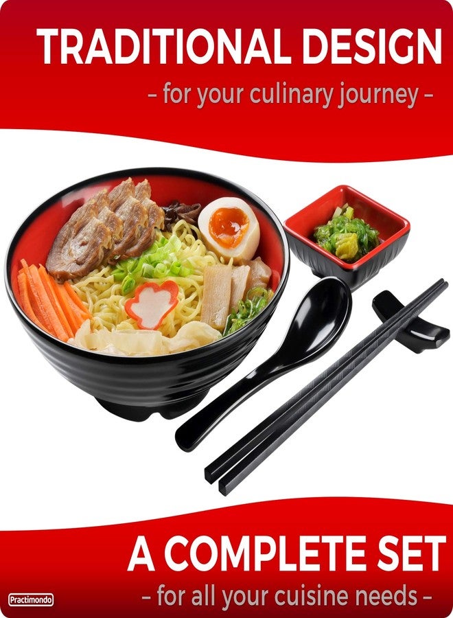 Practimondo 4 Noodle Bowls Set - large 32oz Ramen Bowl Set for authentic Asian Cuisine - with Dipping Bowls, Spoons, Chopsticks & Chopstick Stands. Enjoy Thai Miso Udon Wonton (4 Bowl Set, Red-Black) - Image 3