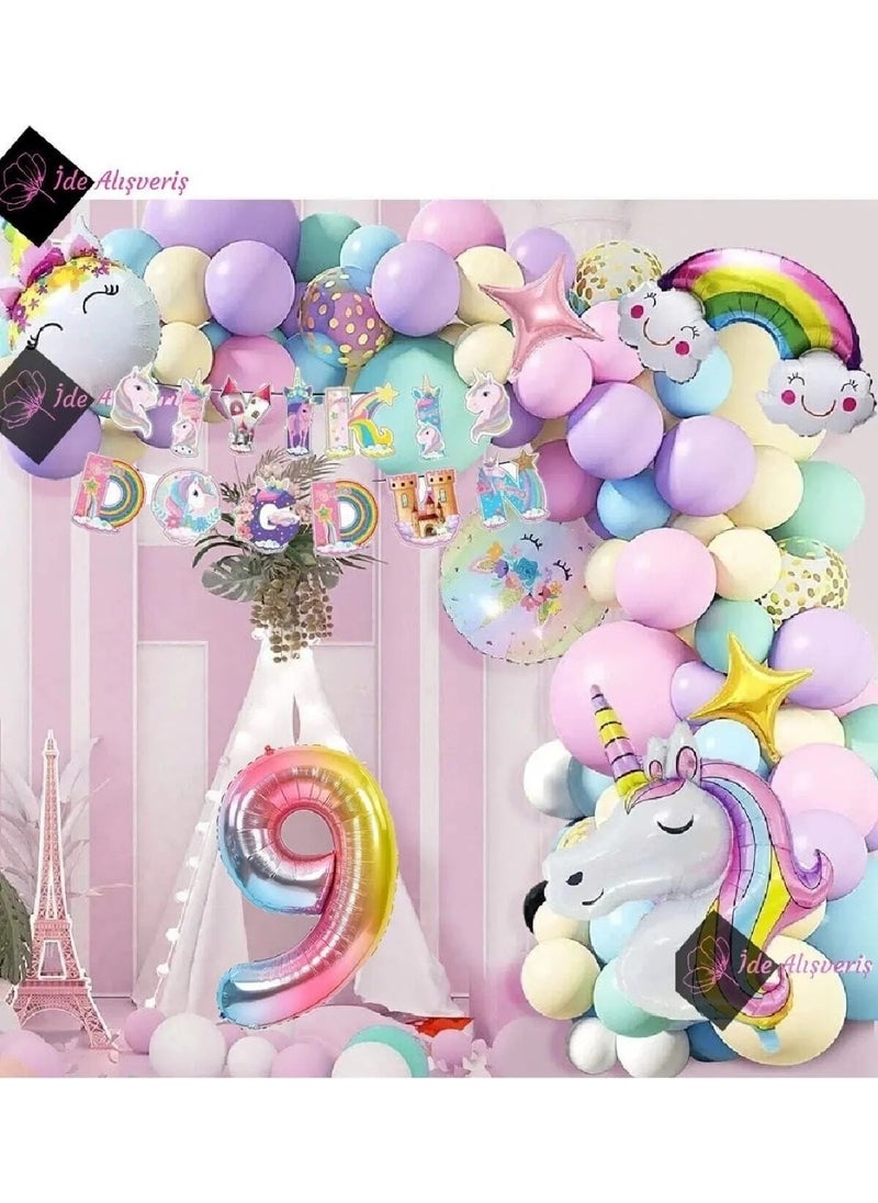 Bkmc Party - Age Foil Character Unicorn Themed Happy Birthday Macaron Balloon Birthday Party Celebration Set - Image 1
