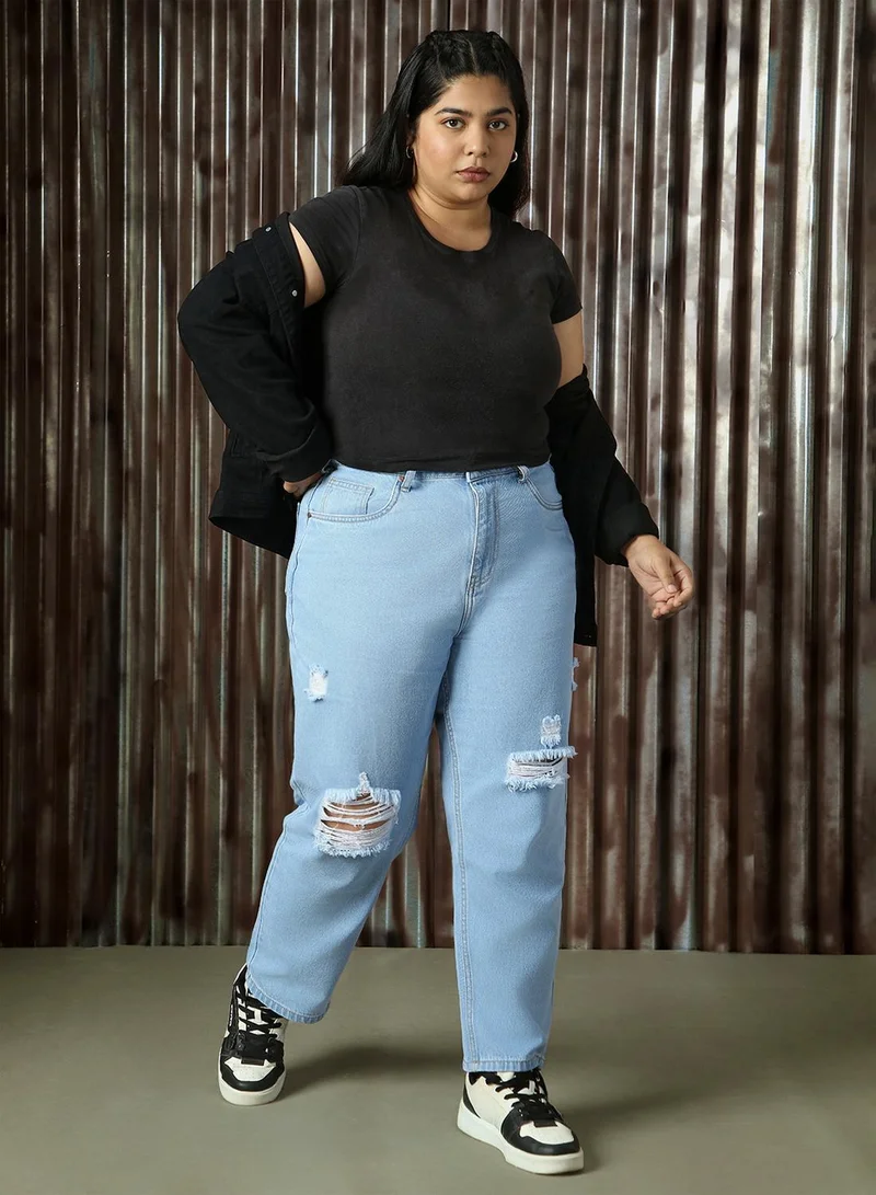 هاي ستار Women's Indigo 100% Cotton Distressed Full Length Mom Fit Jeans