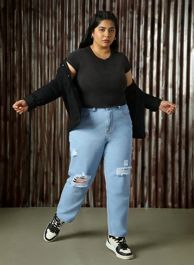 هاي ستار Women's Indigo 100% Cotton Distressed Full Length Mom Fit Jeans