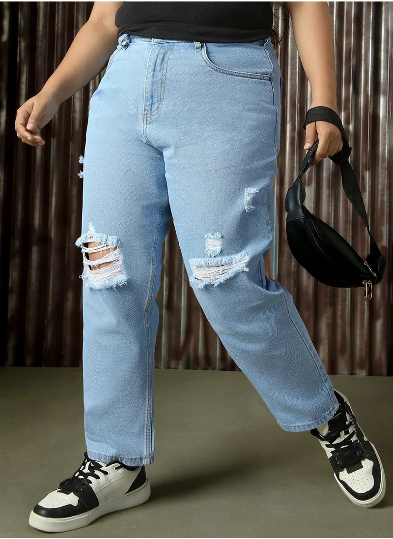 هاي ستار Women's Indigo 100% Cotton Distressed Full Length Mom Fit Jeans