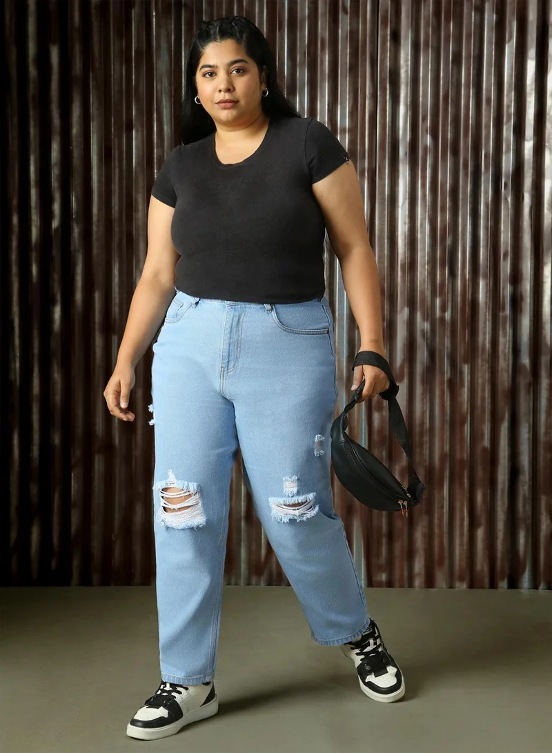هاي ستار Women's Indigo 100% Cotton Distressed Full Length Mom Fit Jeans