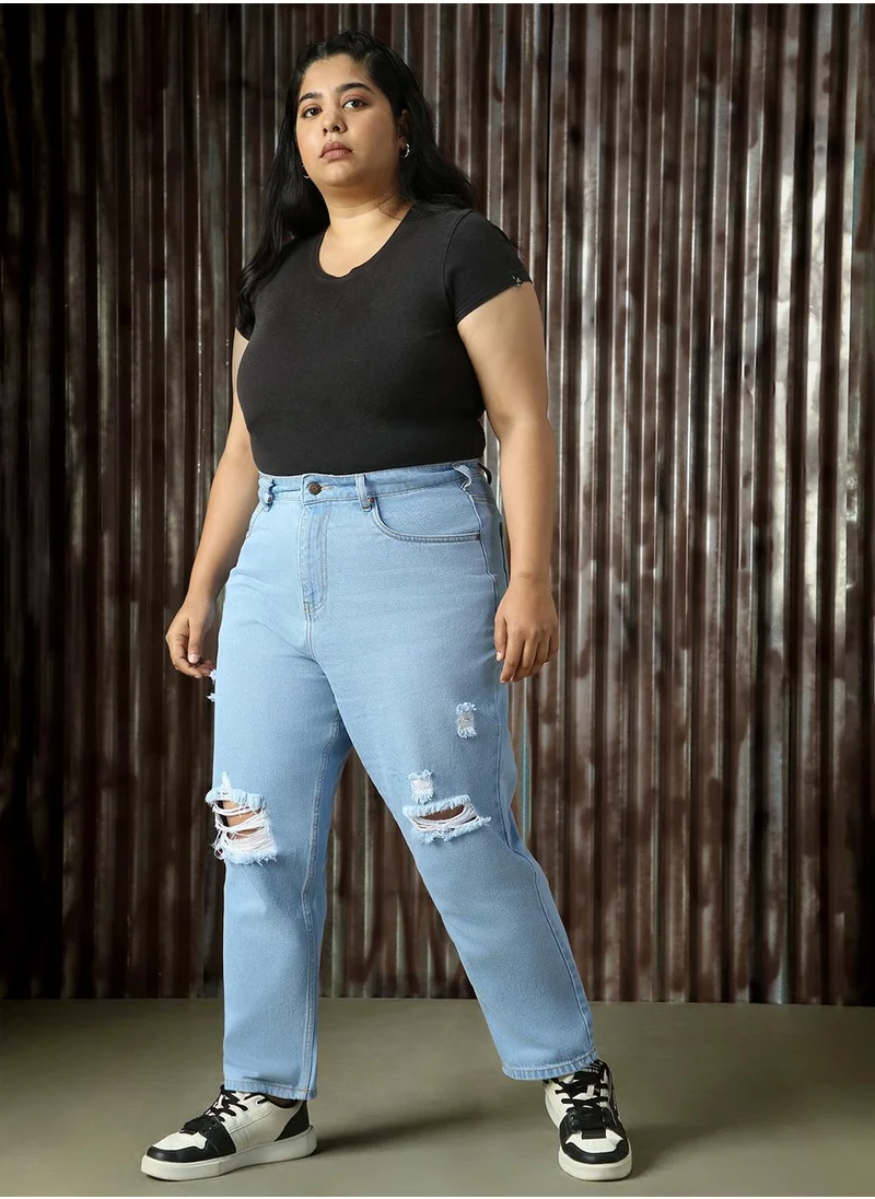 هاي ستار Women's Indigo 100% Cotton Distressed Full Length Mom Fit Jeans