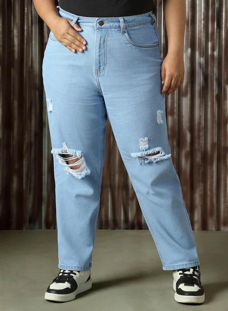 هاي ستار Women's Indigo 100% Cotton Distressed Full Length Mom Fit Jeans