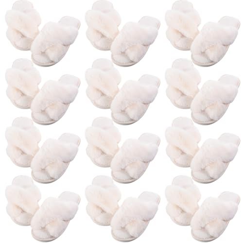 Silicherry 12 Pairs Women's Fuzzy Slippers Cross Band Open Toe Bridesmaid House Slippers Bulk for Indoor Outdoor Wedding(Size 7-8,White) - Image 1