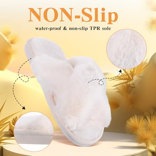 Silicherry 12 Pairs Women's Fuzzy Slippers Cross Band Open Toe Bridesmaid House Slippers Bulk for Indoor Outdoor Wedding(Size 7-8,White) - Image 3