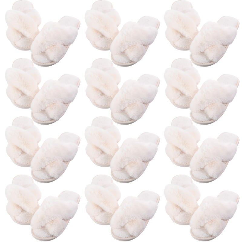 Silicherry 12 Pairs Women's Fuzzy Slippers Cross Band Open Toe Bridesmaid House Slippers Bulk for Indoor Outdoor Wedding(Size 7-8,White) - Image 4