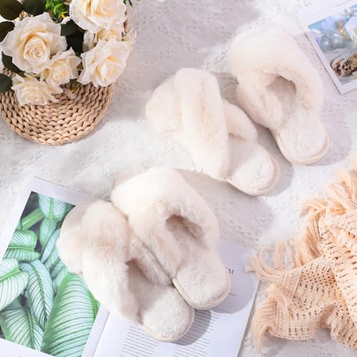 Silicherry 12 Pairs Women's Fuzzy Slippers Cross Band Open Toe Bridesmaid House Slippers Bulk for Indoor Outdoor Wedding(Size 7-8,White) - Image 2