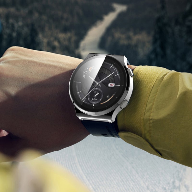 46Mm Smartwatch Protective Case: Grey Plating Pc Ultra-Thin Full Coverage Case - Hd Clear Tempered Glass Screen Protector Replacement For Huawei Watch Gt 2 Pro - Image 4