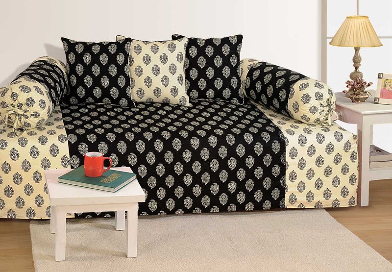 Swayam 200TC Diwan Set Pure Cotton 6 Pcs | Deewan Motif Printed Bedsheet Set for Living Room Hall (1-Bed Sheet 60x90 Inch | 2-Bolster Cover 30x30 Inch | 3 Cushion Cover 16x16 Inch) - Beige & Black - Image 1