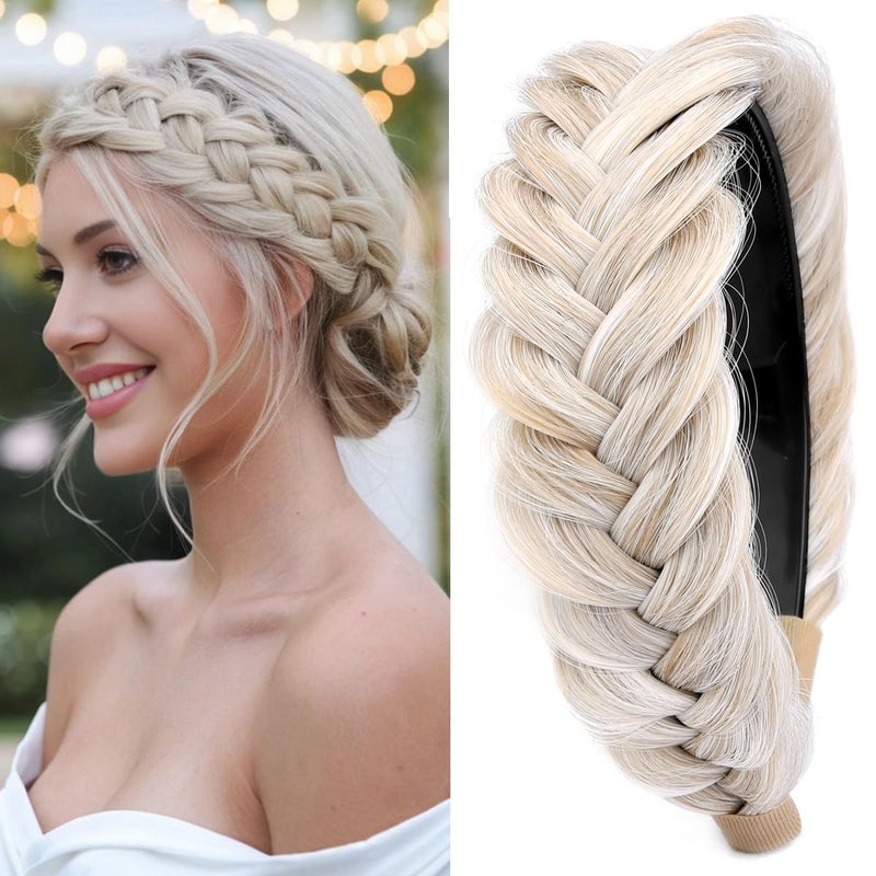 DIGUAN Wide Messy Braided Headband With Teeth Synthetic Hair Plaited Headband High Elasticity Braids Chunky Fishtail Braided Hair Band Hairpiece for Girls Women Beauty Accessory (White Blonde) - Image 1