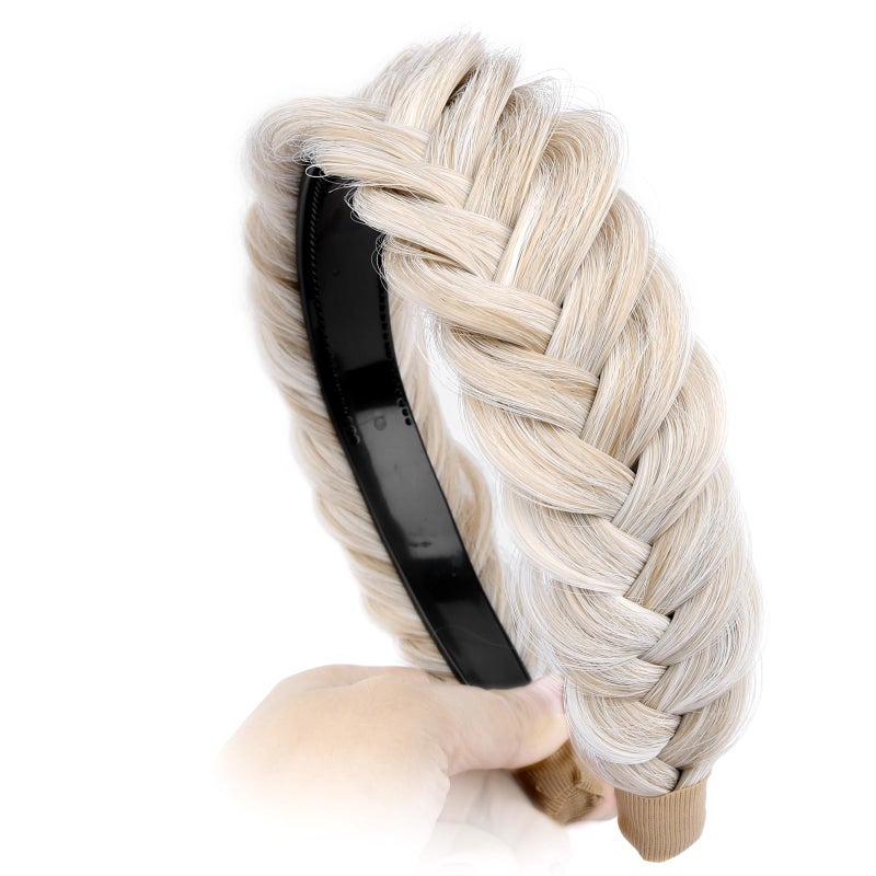 DIGUAN Wide Messy Braided Headband With Teeth Synthetic Hair Plaited Headband High Elasticity Braids Chunky Fishtail Braided Hair Band Hairpiece for Girls Women Beauty Accessory (White Blonde) - Image 4