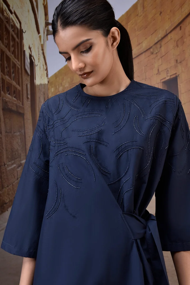 Genes Lecoanet Hemant Navy Embroidered Cotton Poplin Tie-Waist Dress