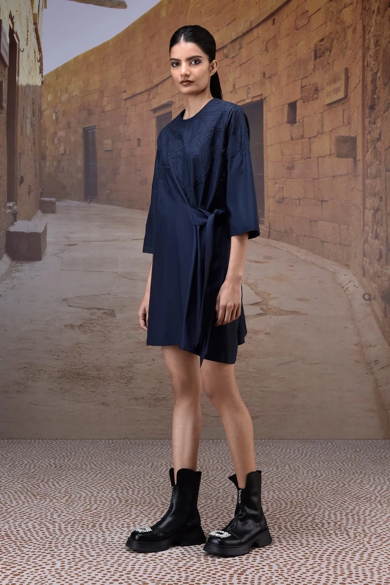 Genes Lecoanet Hemant Navy Embroidered Cotton Poplin Tie-Waist Dress